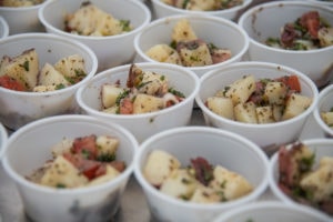 Food in sample cups, homemade salsa, Fogler's Greenhouse & Farm Market 2019.